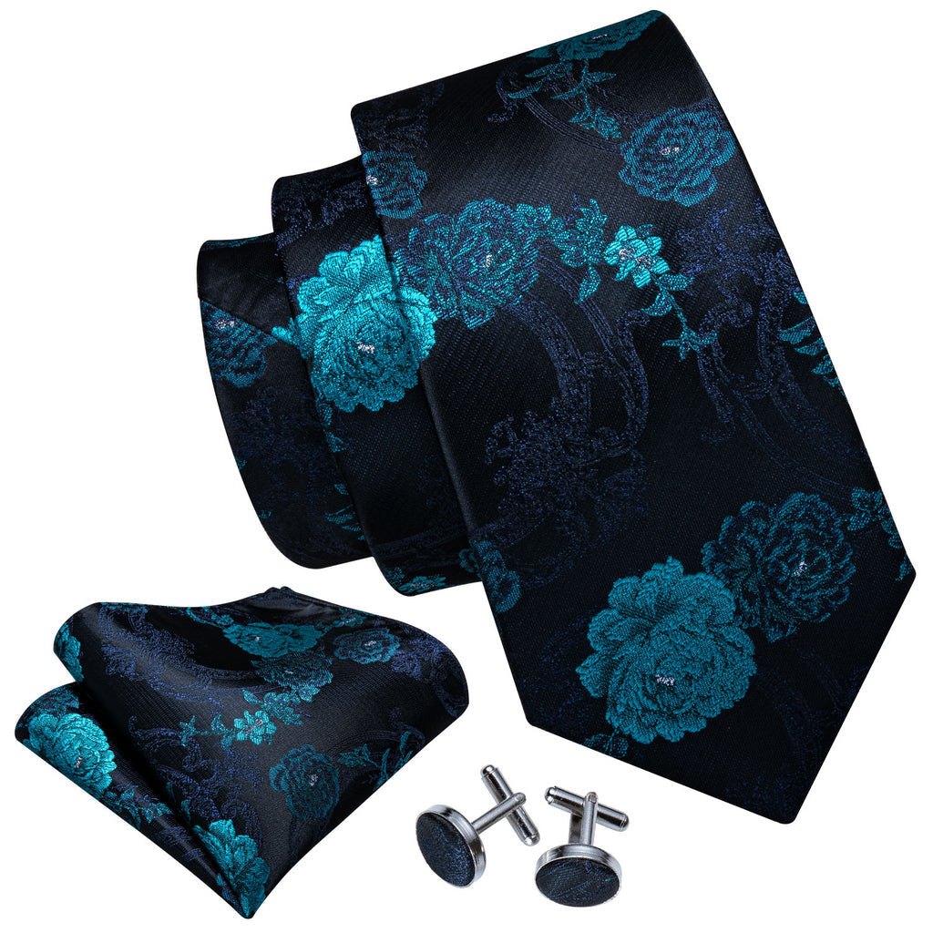 Black Blue Floral Silk Tie Set - GentCrest - View 3