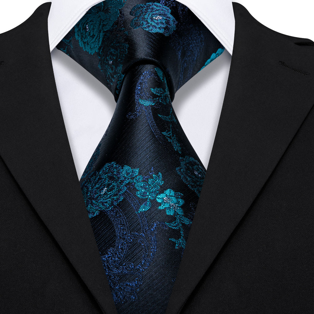 Black Blue Floral Silk Tie Set - GentCrest - View 2