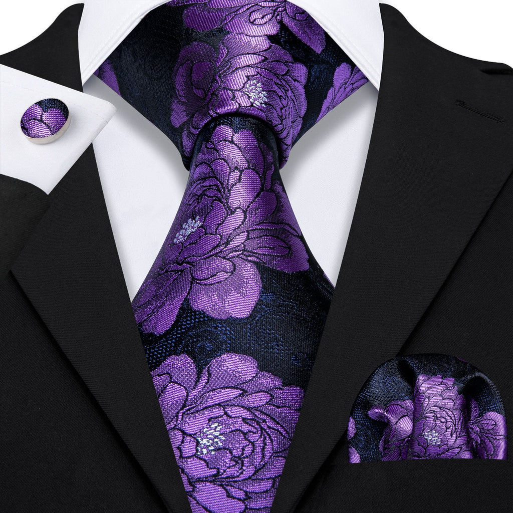 GentCrest Black Floral Tie Hanky Cufflinks Set - Image 1