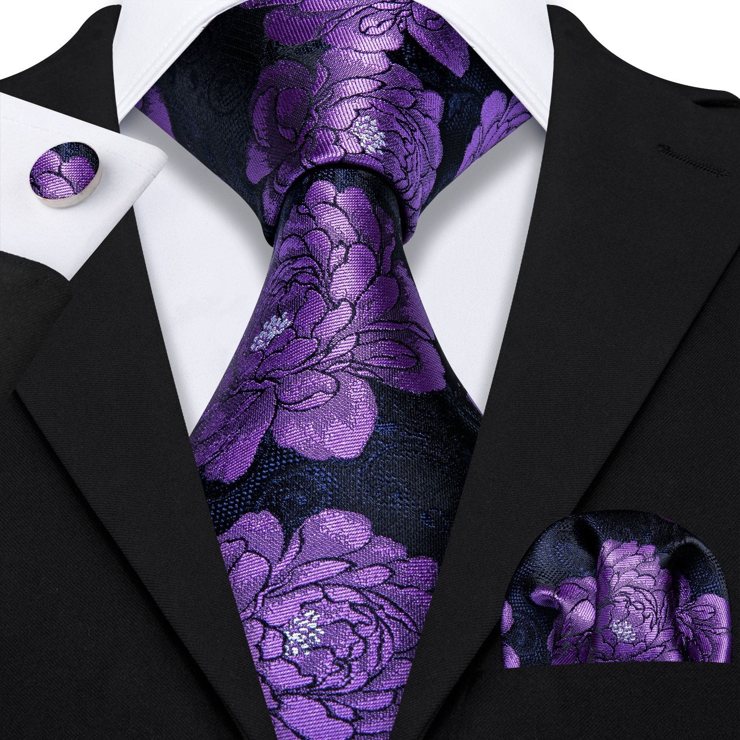 GentCrest Black Floral Tie Hanky Cufflinks Set - Image 1