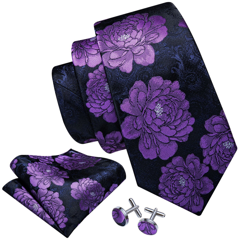 GentCrest Black Floral Tie Hanky Cufflinks Set - Image 3
