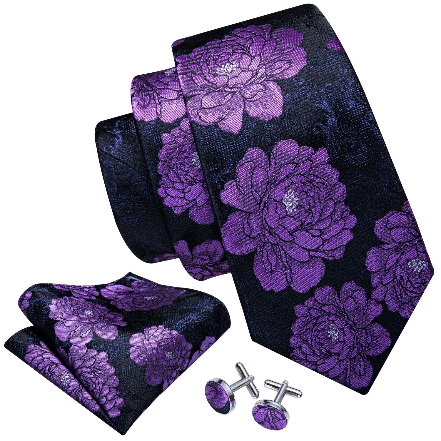 GentCrest Black Floral Tie Hanky Cufflinks Set - Image 3