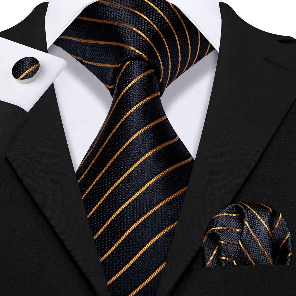 Opulent Black & Gold Striped Silk with Pocket Square and Cufflinks Silk Tie Set - GentCrest
