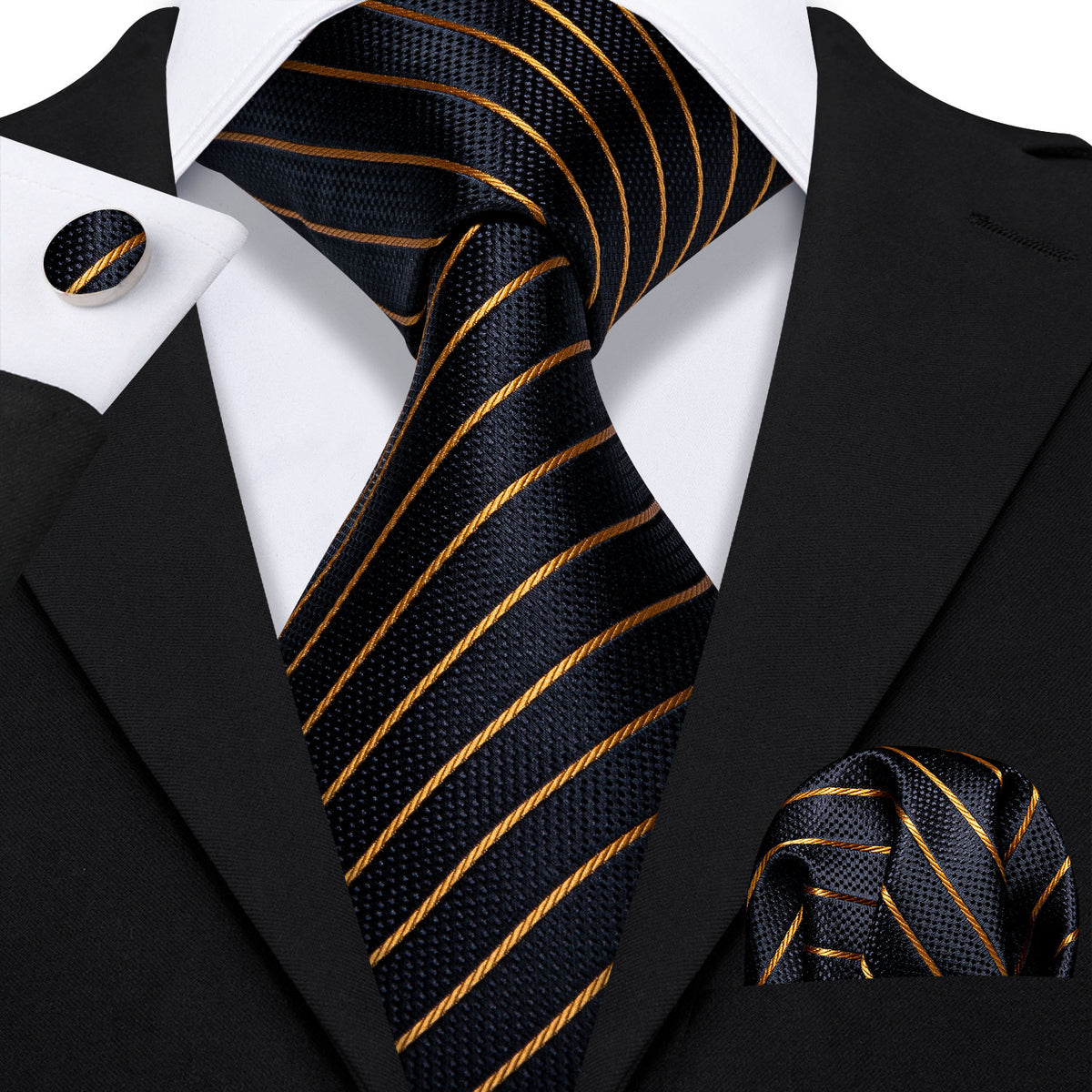 Opulent Black & Gold Striped Silk with Pocket Square and Cufflinks Silk Tie Set - GentCrest