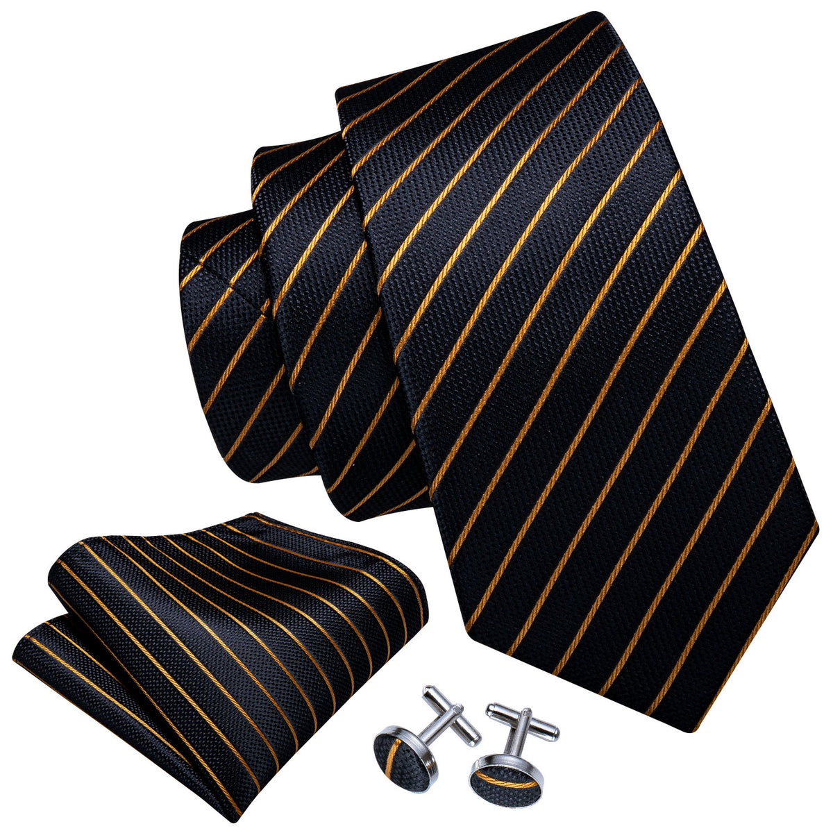 Opulent Black & Gold Striped Silk with Pocket Square and Cufflinks Silk Tie Set - GentCrest - View 2