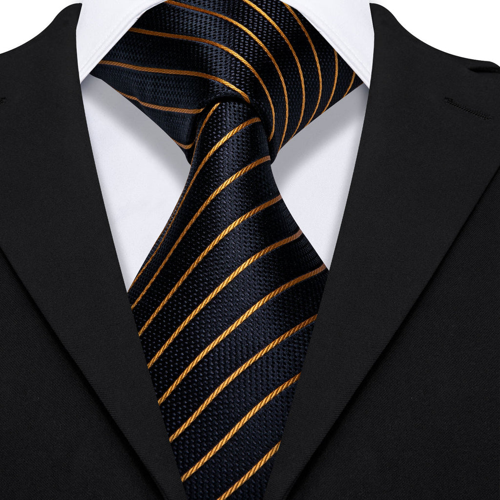 Opulent Black & Gold Striped Silk with Pocket Square and Cufflinks Silk Tie Set - GentCrest - View 5