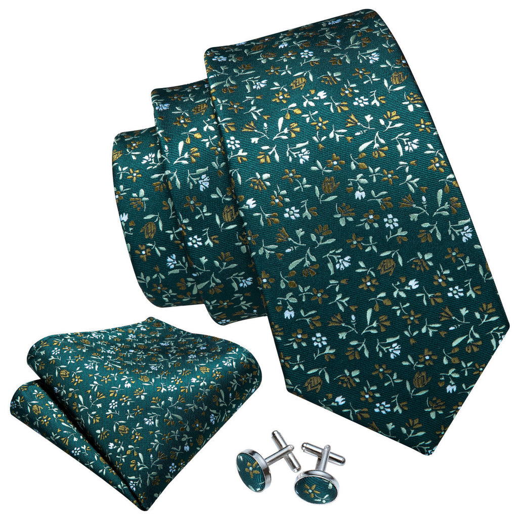 Olive Green Small Floral Silk Tie Set - GentCrest - View 3