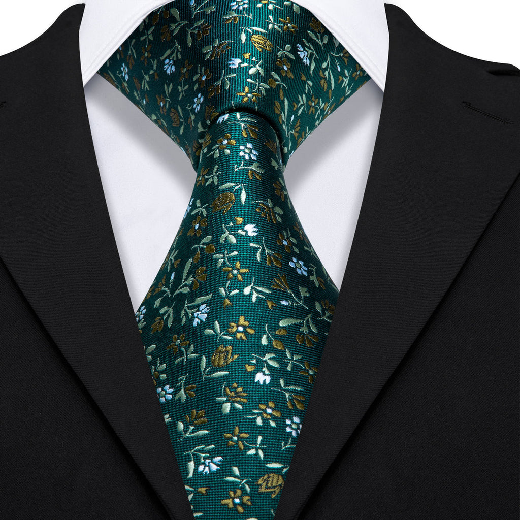 Olive Green Small Floral Silk Tie Set - GentCrest - View 2