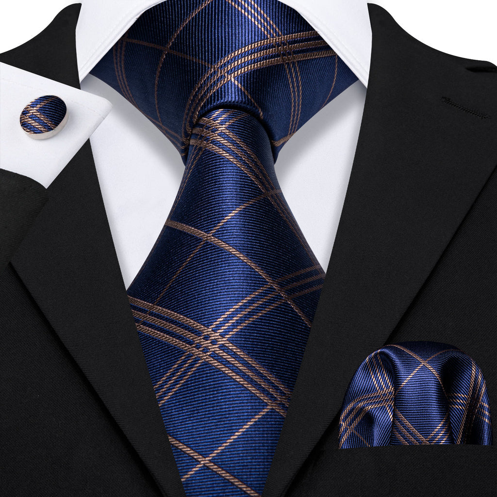 Deep Blue and Gold Striped Plaid Silk Tie Set - GentCrest