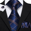 Deep Blue and Gold Striped Plaid Silk Tie Set - GentCrest