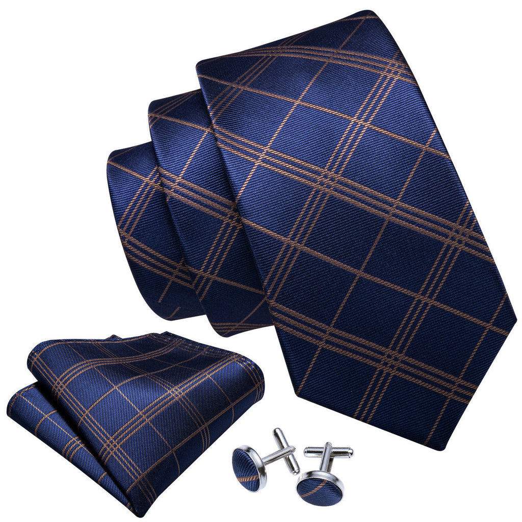Deep Blue and Gold Striped Plaid Silk Tie Set - GentCrest - View 2