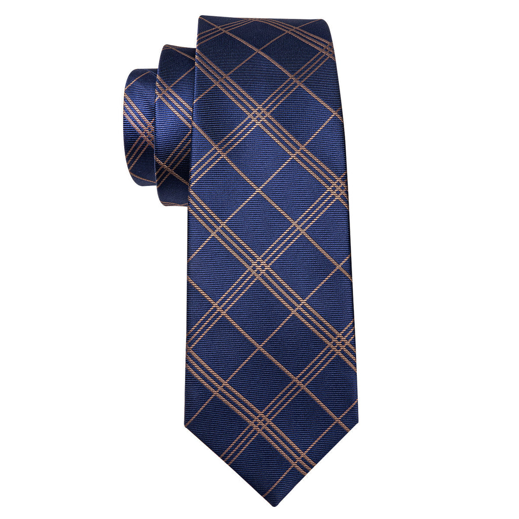 Deep Blue and Gold Striped Plaid Silk Tie Set - GentCrest - View 4