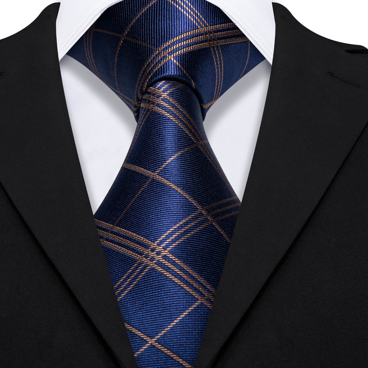 Deep Blue and Gold Striped Plaid Silk Tie Set - GentCrest - View 5