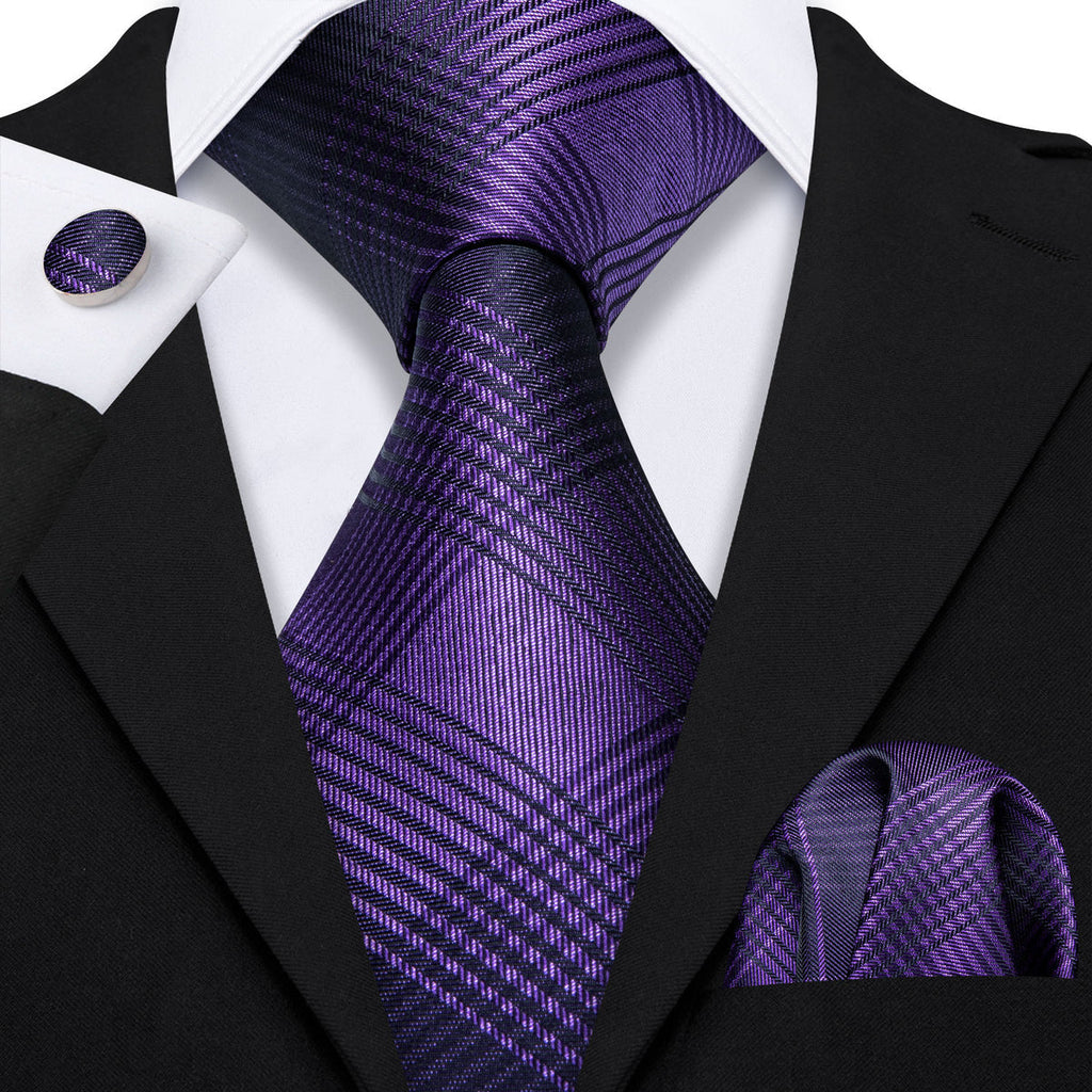 Purple & Black Stripe Plaid Silk Tie Set - GentCrest