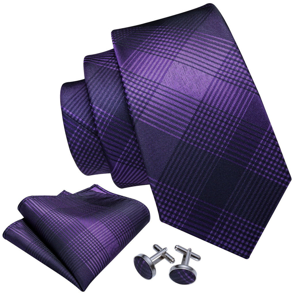 Purple & Black Stripe Plaid Silk Tie Set - GentCrest - View 2