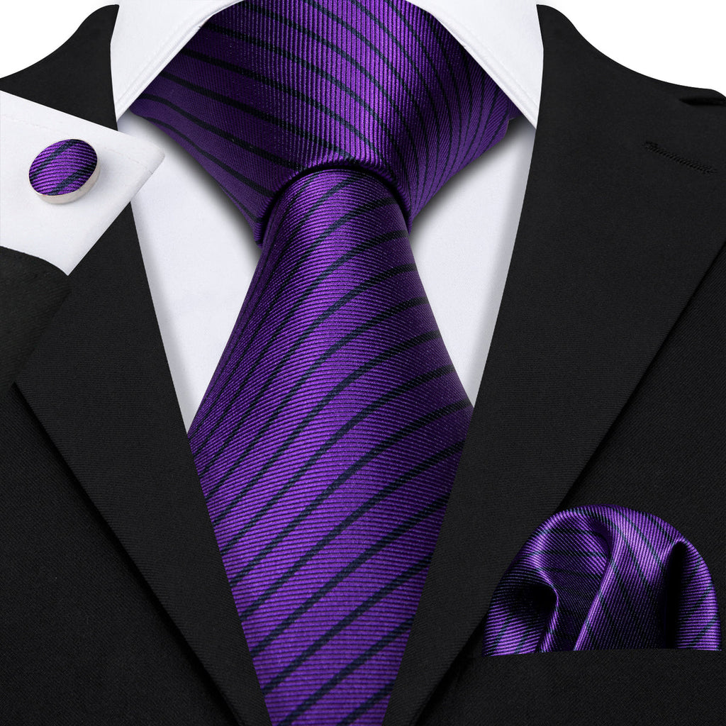 Purple Black Stripe Silk Tie Set - GentCrest