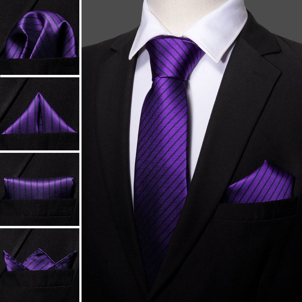 Purple Black Stripe Silk Tie Set - GentCrest - View 2