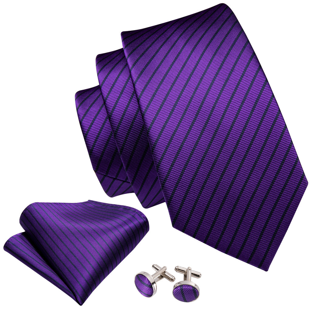 Purple Black Stripe Silk Tie Set - GentCrest - View 3
