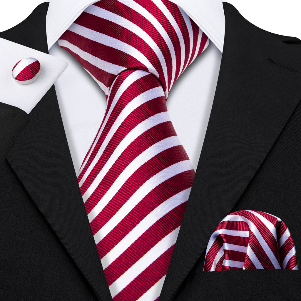 Crimson Red & White Striped Silk Tie Set - GentCrest