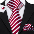 Crimson Red & White Striped Silk Tie Set - GentCrest