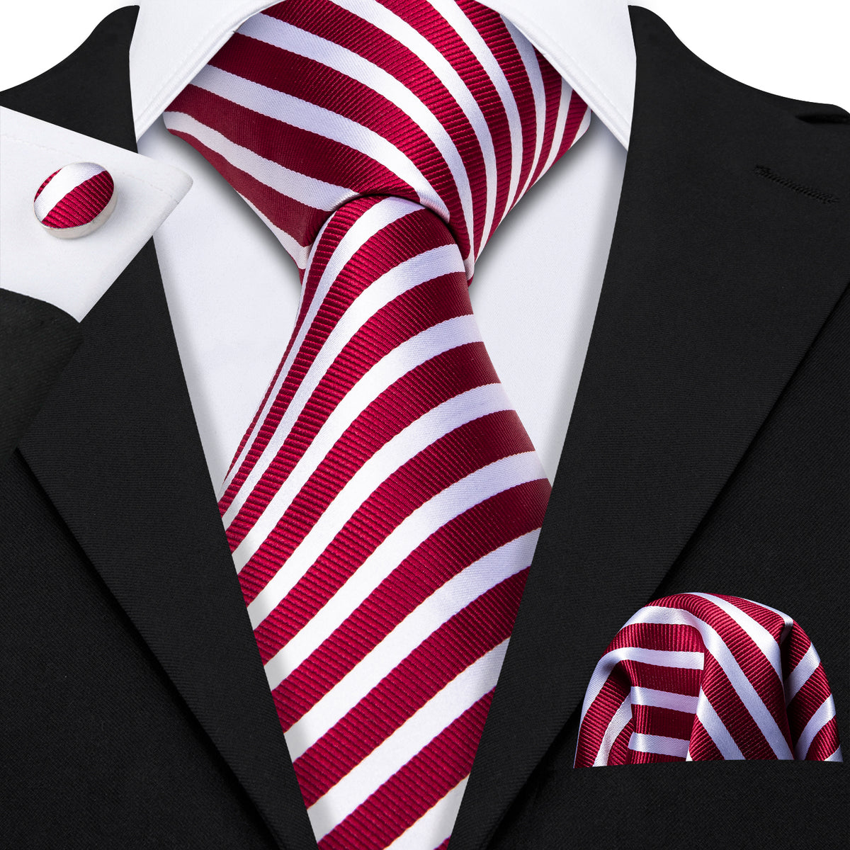 Crimson Red & White Striped Silk Tie Set - GentCrest