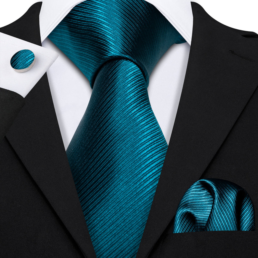 Teal Blue Solid Dark Blue Stripe Silk Tie Set - GentCrest - View 2