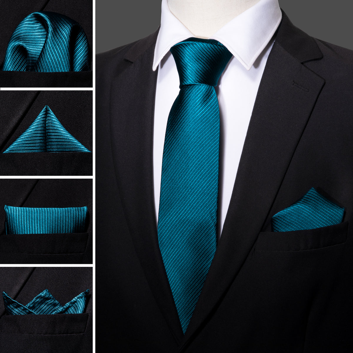 Teal Blue Solid Dark Blue Stripe Silk Tie Set - GentCrest