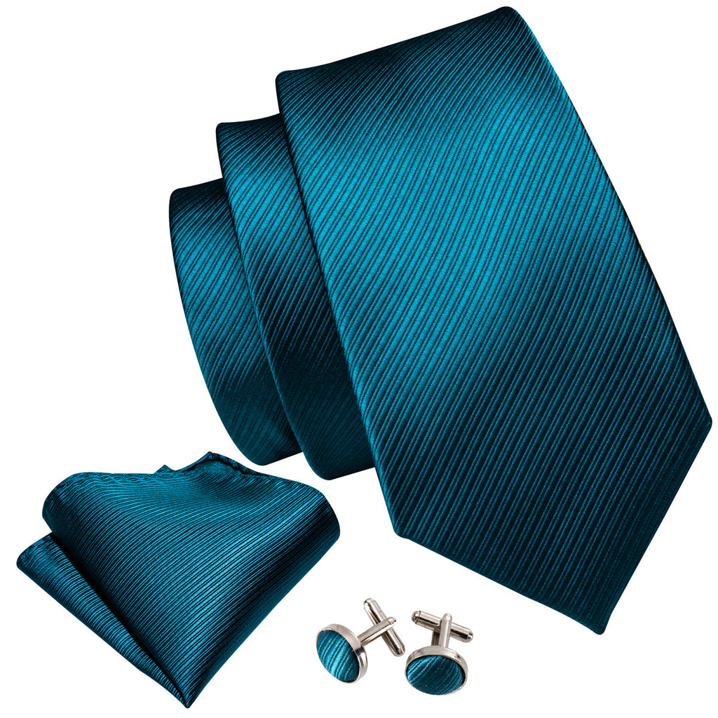 Teal Blue Solid Dark Blue Stripe Silk Tie Set - GentCrest - View 3