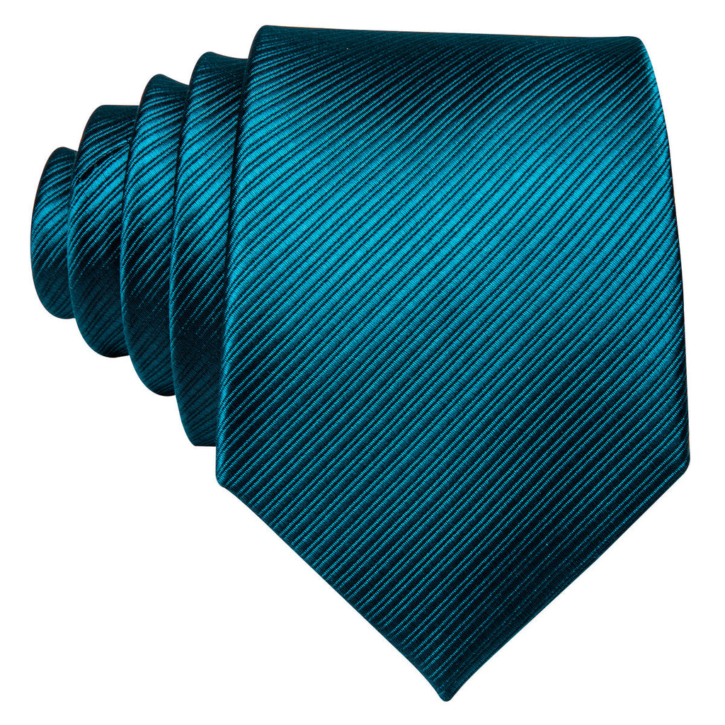 Teal Blue Solid Dark Blue Stripe Silk Tie Set - GentCrest - View 5