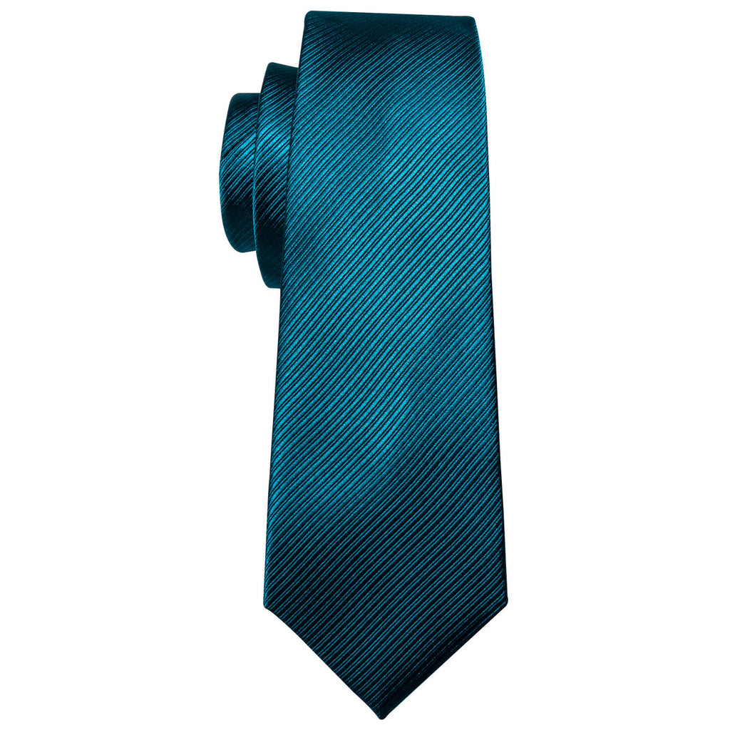 Teal Blue Solid Dark Blue Stripe Silk Tie Set - GentCrest - View 4