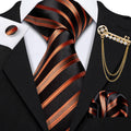 Black Orange Brown Stripe Silk Tie Set - GentCrest