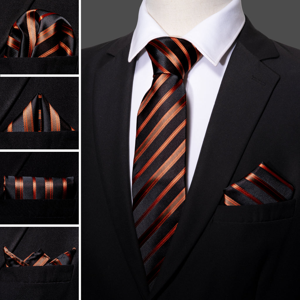 Black Orange Brown Stripe Silk Tie Set - GentCrest - View 2