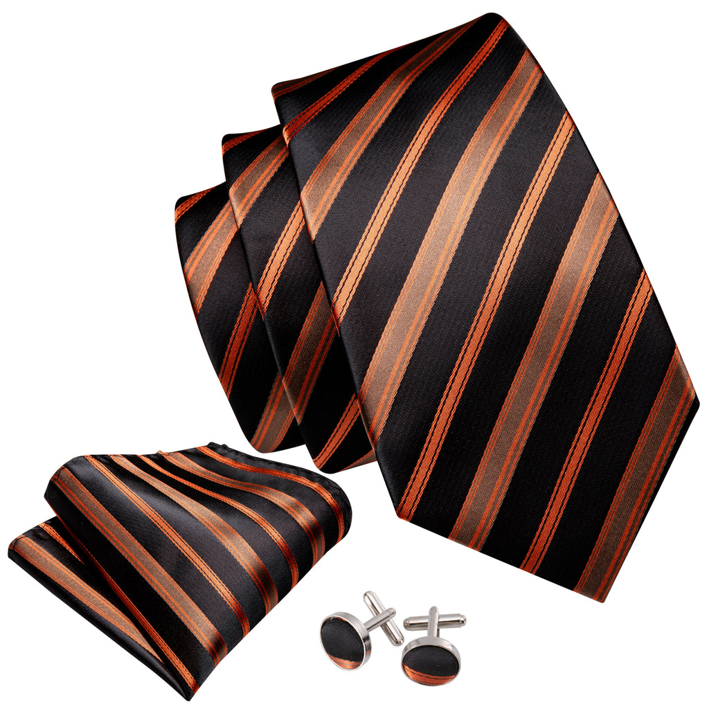 Black Orange Brown Stripe Silk Tie Set - GentCrest - View 3