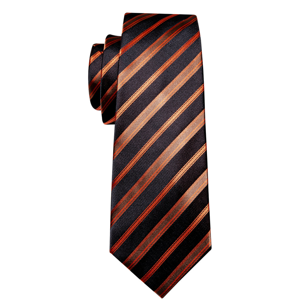 Black Orange Brown Stripe Silk Tie Set - GentCrest - View 4