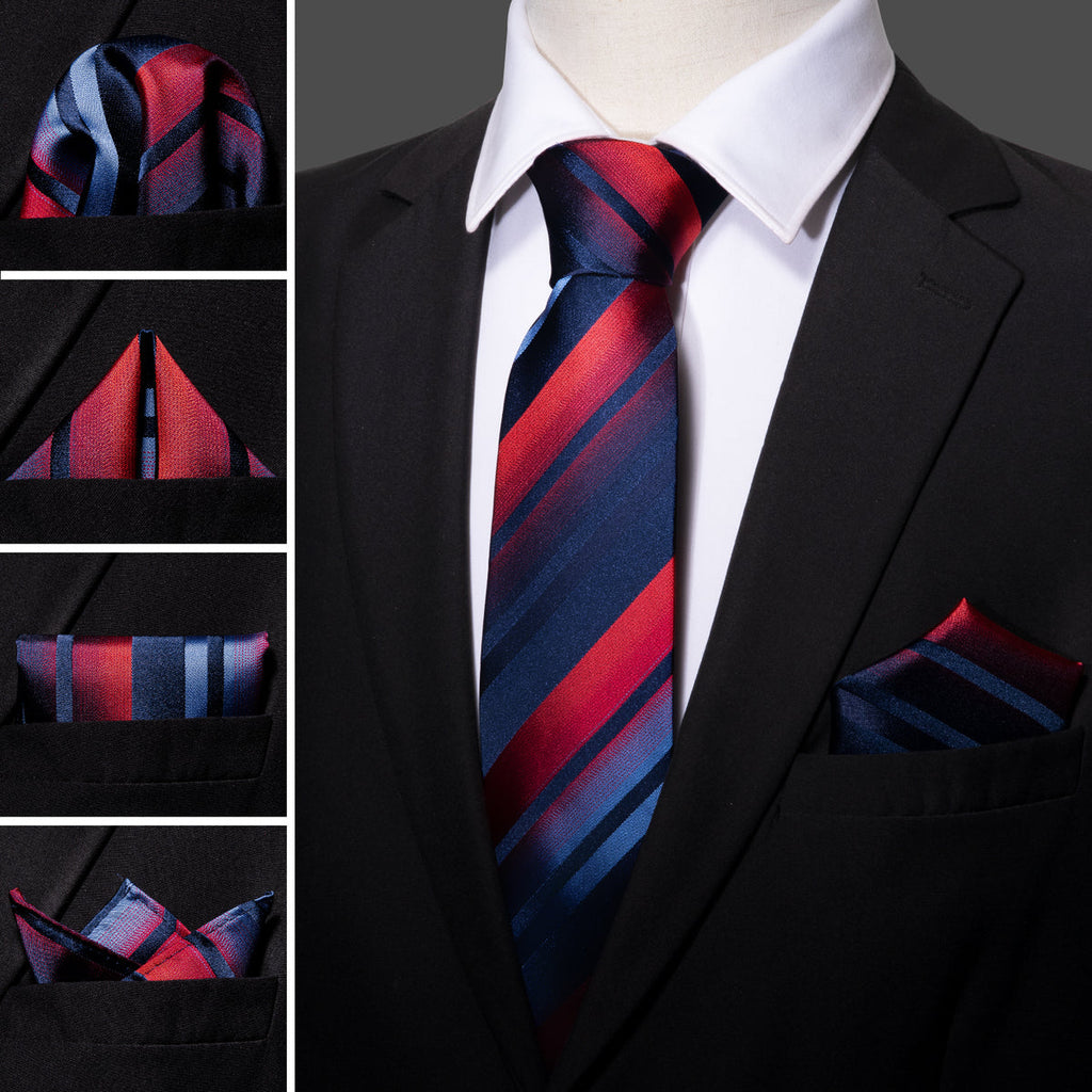 Blue Red Gradient Stripe Silk Tie Set - GentCrest