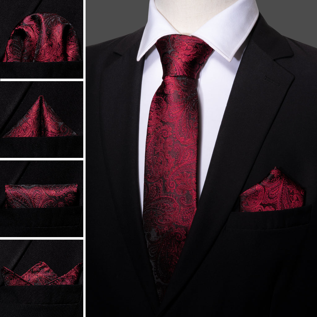 Luxury Black Red Paisley Silk Tie Set - GentCrest - View 2