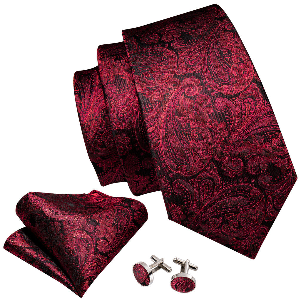 Luxury Black Red Paisley Silk Tie Set - GentCrest - View 3