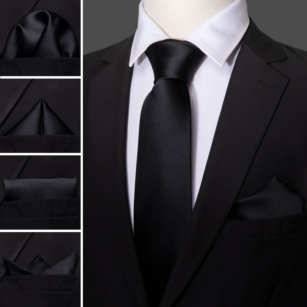 Black Solid Silk Tie Set - GentCrest - View 11