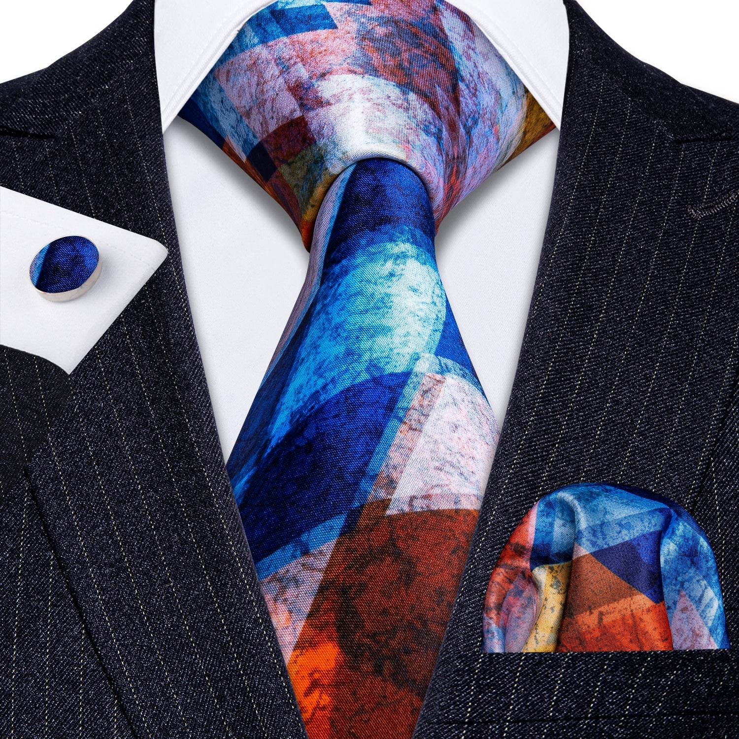 GentCrest Blue Geometric Tie Hanky Cufflinks Set - Image 5