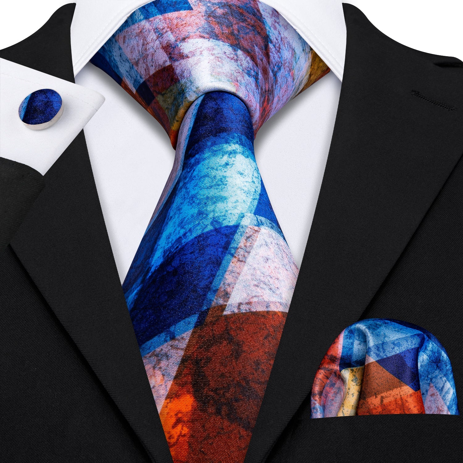 GentCrest Blue Geometric Tie Hanky Cufflinks Set - Image 1