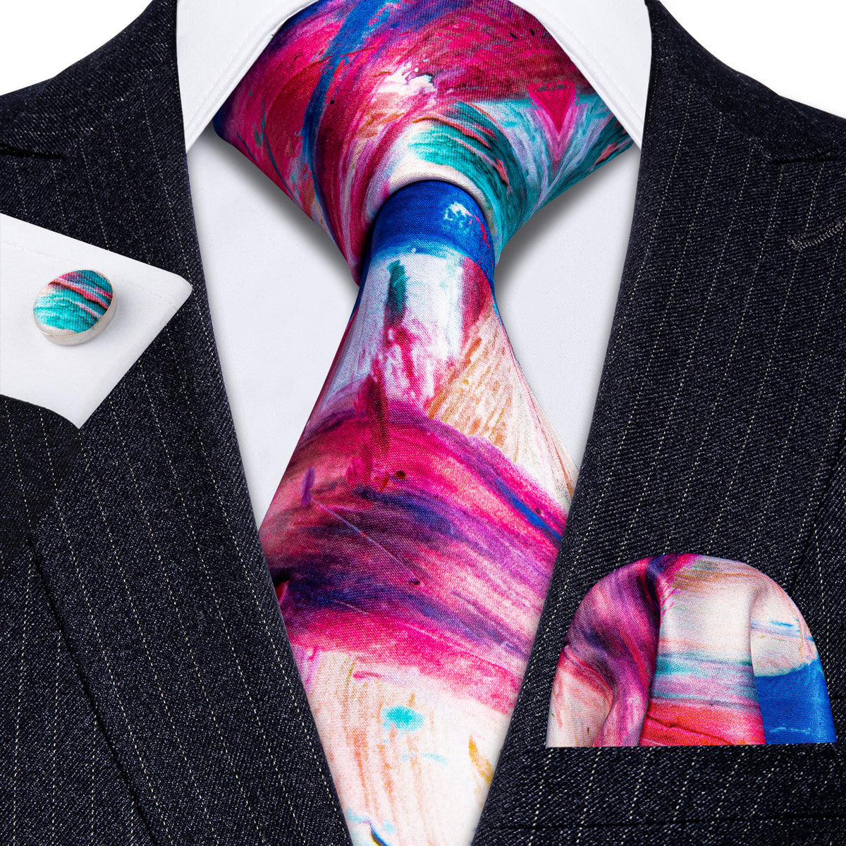 Red Yellow Teal Novelty Print Silk Tie Set - GentCrest - View 2