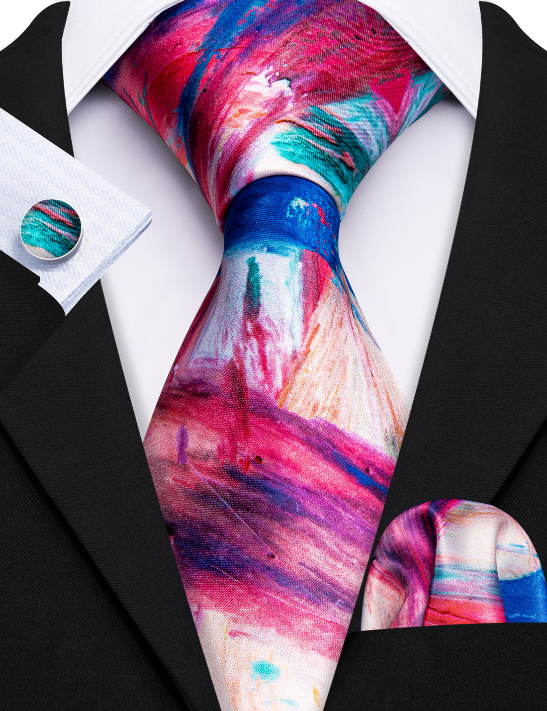 Red Yellow Teal Novelty Print Silk Tie Set - GentCrest - View 3