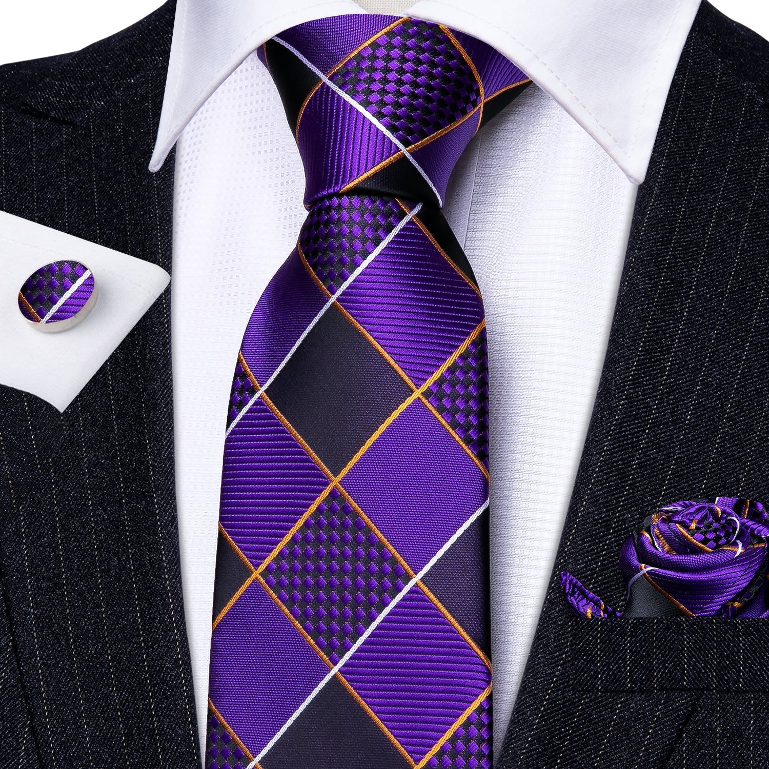 GentCrest Black Plaid Tie Hanky Cufflinks Set - Image 5
