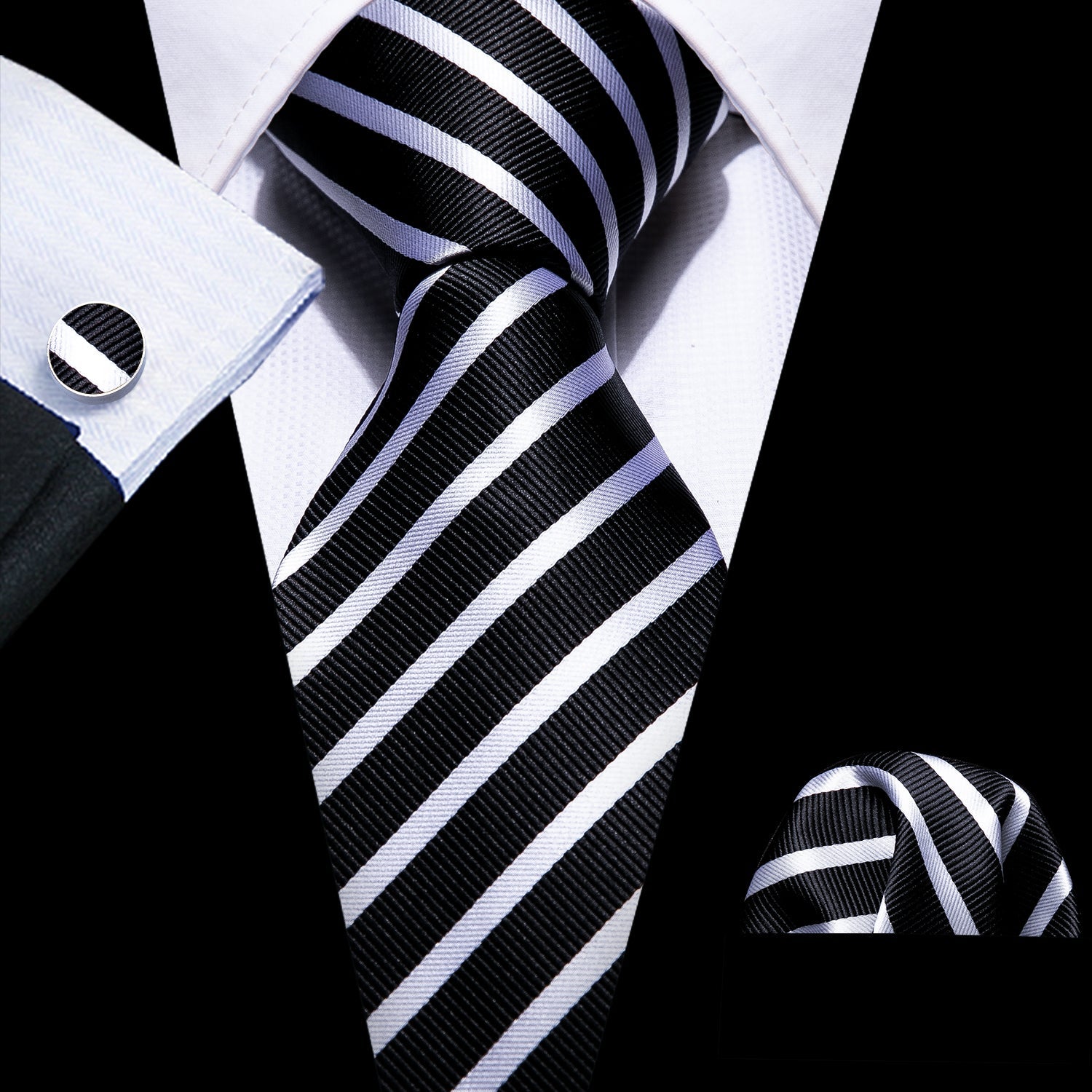GentCrest Black Striped Tie Hanky Cufflinks Set - Image 1