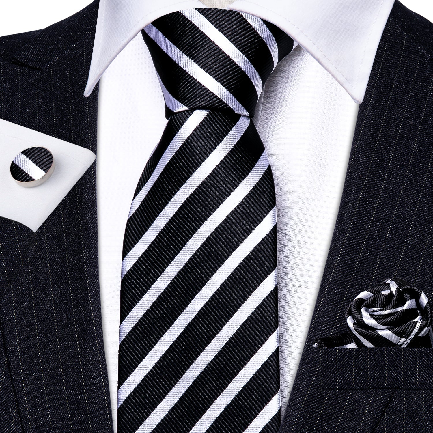 GentCrest Black Striped Tie Hanky Cufflinks Set - Image 2