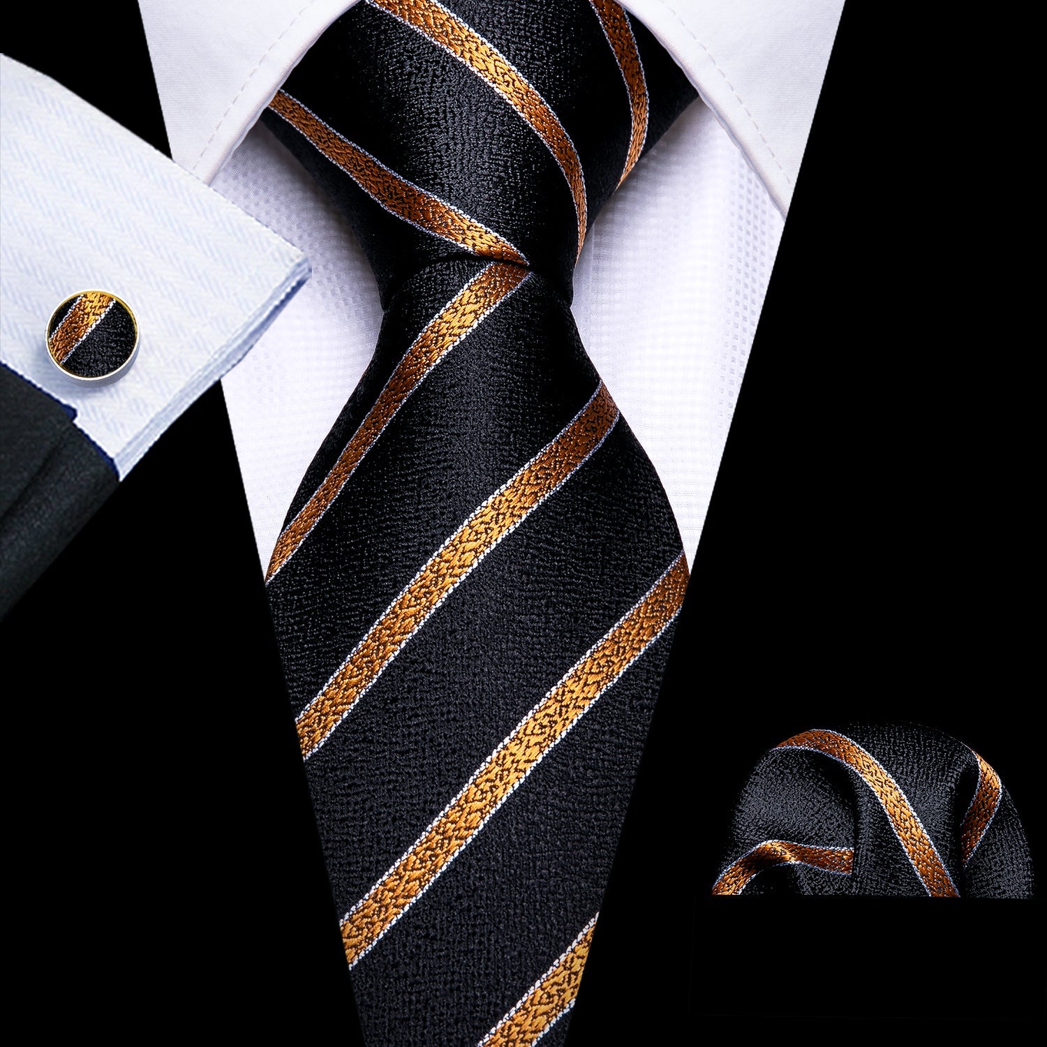 GentCrest Black Striped Tie Hanky Cufflinks Set - Image 1