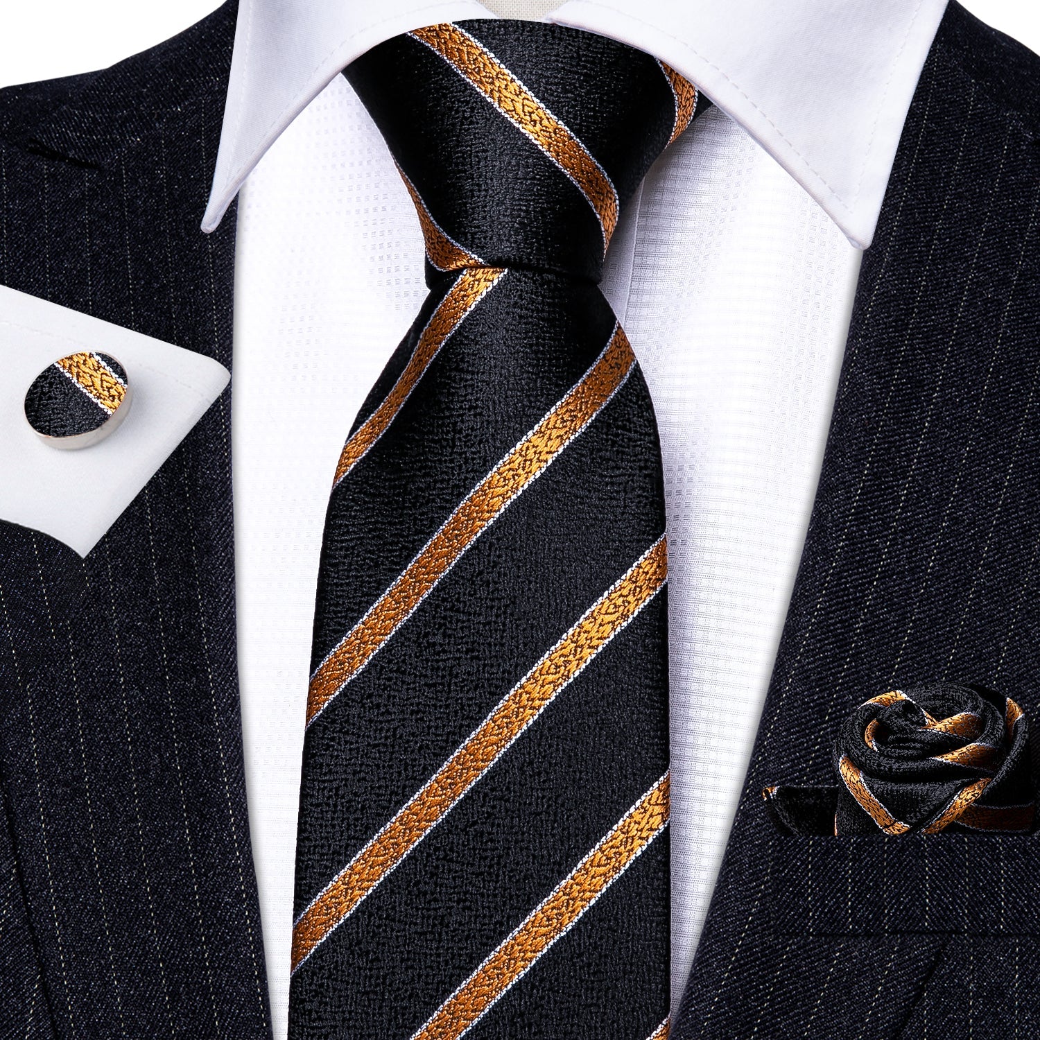 GentCrest Black Striped Tie Hanky Cufflinks Set - Image 4