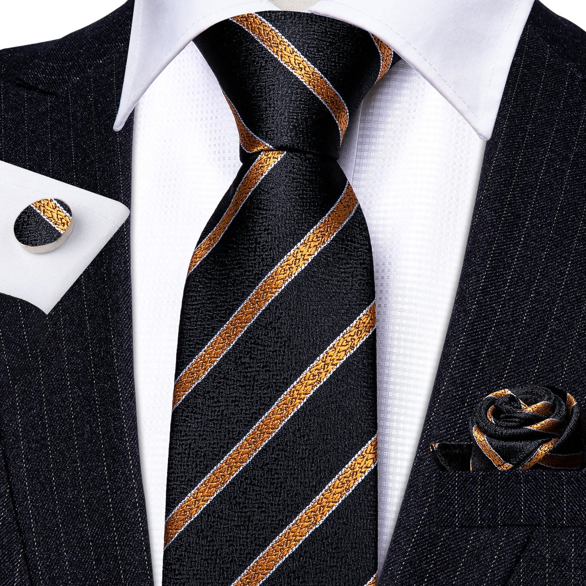 Gold-Striped Black with Pocket Square & Cufflinks Silk Tie Set - GentCrest - View 3