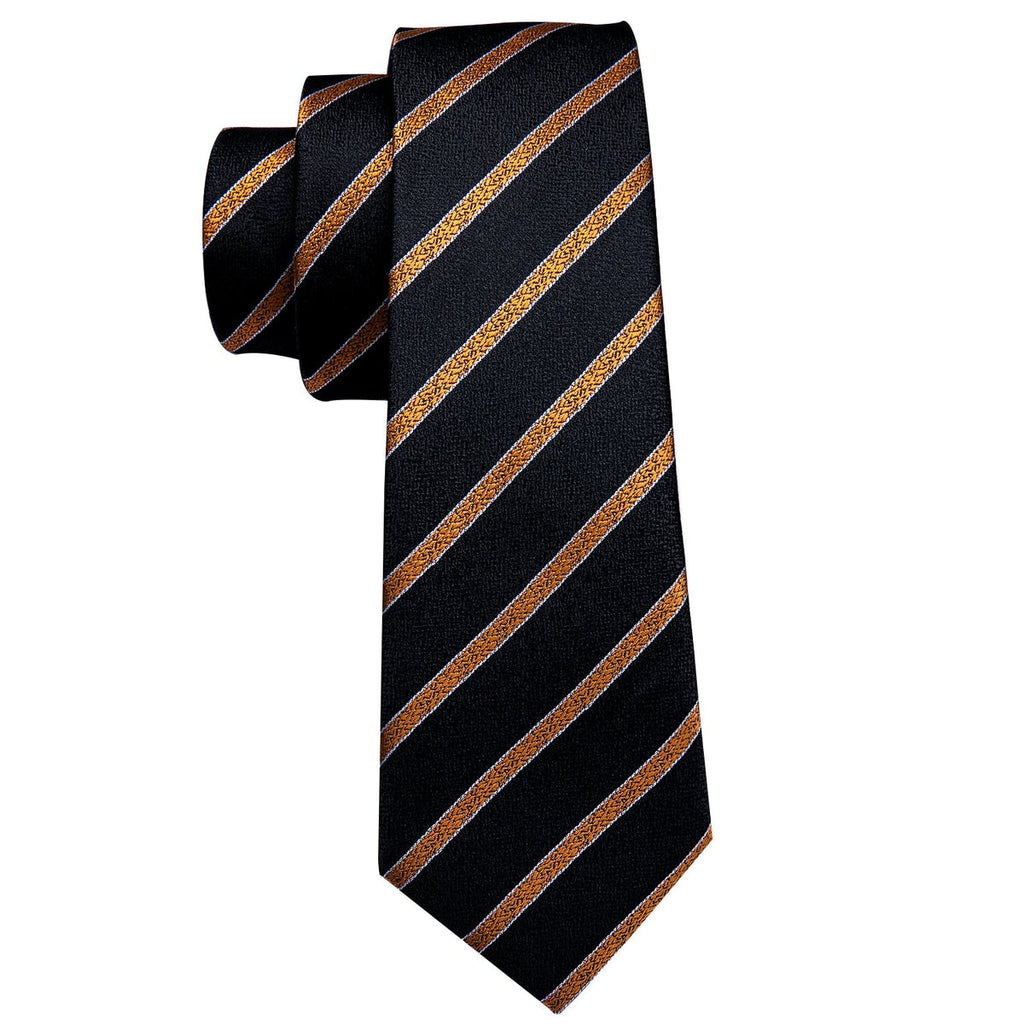 Gold-Striped Black with Pocket Square & Cufflinks Silk Tie Set - GentCrest - View 4