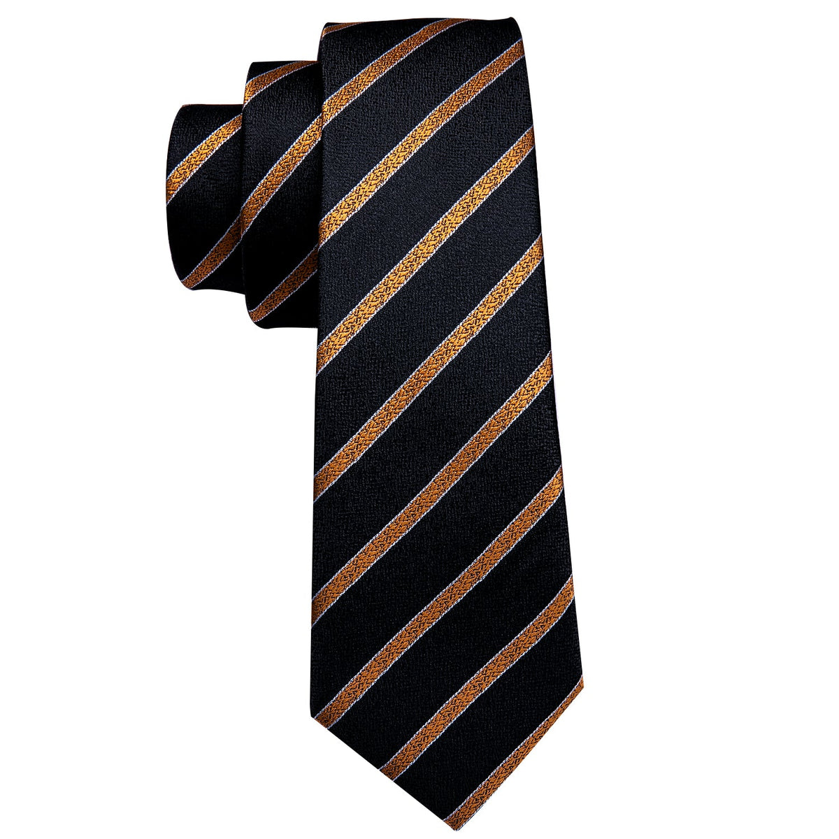 Gold-Striped Black with Pocket Square & Cufflinks Silk Tie Set - GentCrest - View 4